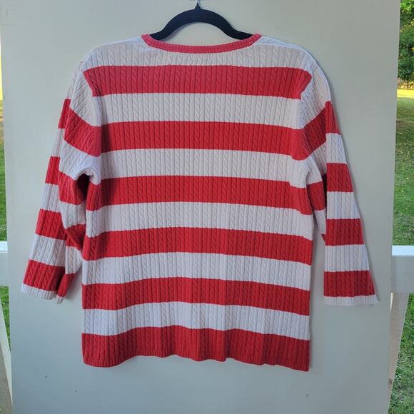 L.L. Bean Women’s XL Red White Stripe Cable Knit Cotton Blend Sweater V-Neck... - Picture 5 of 8